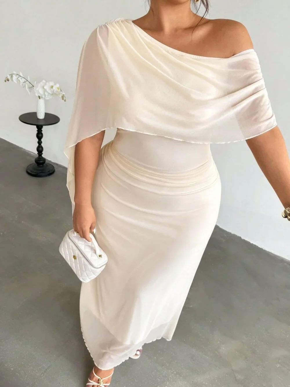 Apricot Elegant Women's Ruched Asymmetrical One Shoulder Long Pencil Dress